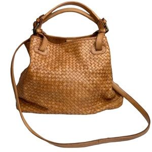 Valentina Acorn Tan Camel Woven Leather Large Hobo Shoulder Crossbody Bag in EUC